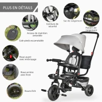 HOMCOM Tricycle Enfant évolutif Pliable - Pare-Soleil, Canne télescopique Amovible - siège pivotant, Harnais, Arceau sécurité - Repose-Pied - 3 paniers Rangement - métal PP Gris Noir(m-8)