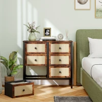 HOMCOM Cajonera de Tela con 6 Cajones Plegables con Frentes de Ratán y Marco de Acero Cajonera para Dormitorio Marrón Rústico(m-8)