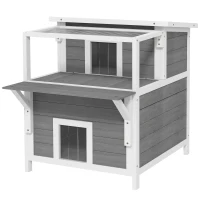 PawHut Caseta para Gatos de Madera de 2 Niveles con Techo Asfáltico Ventana y Puerta con Cortina 64x87x76 cm Gris Claro(m-10)