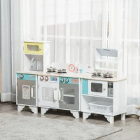 HOMCOM Three Kids Wooden Toy Kitchen Play Cooking Sets Pretend Role Playsets, with Sink, Telephone, Storage Basket, Cooking Bench, for 3-6 Years Old(m-2)