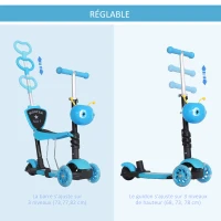 HOMCOM 5 en 1 Trottinette pour Enfants Trottinette 3 Roues évolutive Hauteur Guidon réglable charge max. 60 Kg Canne télescopique Selle Dossier Amovible Bleu(m-6)