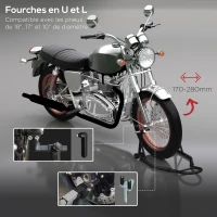 HOMCOM Support pour moto, béquille avant pour moto avec bras oscillant en U et en L, support universel pour atelier, noir(m-4)