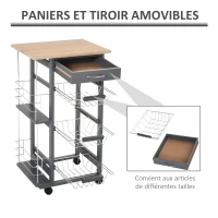 HOMCOM Chariot de service desserte de cuisine à roulettes multi-rangements 3 paniers métal tiroir + 2 range-bouteilles bois pin gris(m-6)