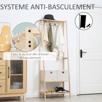 HOMCOM Vestiaire d'entrée porte-manteau 4 patères 2 tiroirs polyester gris clair 2 étagères bois de sapin(m-4)