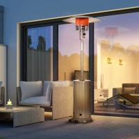 Outsunny Parasol Chauffant 12,5 KW Chauffage d'extérieur gaz Chauffage de terrasse - Double sécurité - Puissance réglable - roulettes - détendeur et tuyau de gaz fournis Acier INOX. Gris(m-2)