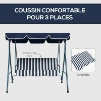 Outsunny Balancelle de Jardin 3 Places Toit Inclinaison réglable Coussins Assise et Dossier Acier Noir Polyester Bleu(m-8)