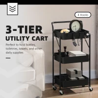 HOMCOM 3 Tier Storage Trolley Cart, Foldable Rolling Utility Cart with 3 Mesh Baskets, 4 Removable Hooks for Living Room, Laundry and Kitchen, Black(m-4)