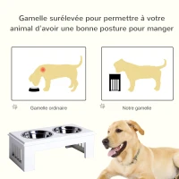 PawHut Gamelles chiens surélevées gamelle double chien chat Porte-gamelles surélevé dim. 44L x 24l x 15H cm 2 gamelles 0,9L acier inox. incluses bois blanc(m-4)