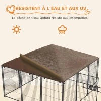 PawHut Chenil extérieur pour chiens en acier et tissu Oxford avec support gamelle toit 211 x 211 x 151 cm noir et café(m-5)