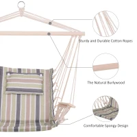 Outsunny Garden Outdoor Hanging Hammock Chair Thick Rope Frame Wooden Arms Safe Wide Seat Garden Outdoor Spot Stylish Multicoloured stripes(m-7)