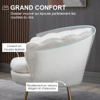HOMCOM Fauteuil Coquillage Fauteuil Design dim. 79L x 77l x 77H cm Pieds dorés effilés Molleton Polaire Blanc(m-5)