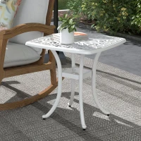 Outsunny Cast Aluminium Bistro Table, Outdoor Square Side Table with Umbrella Hole, Garden Table for Balcony, White(m-2)
