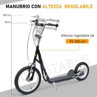 HOMCOM Scooter Monopattino Manubrio Regolabile Portata 100kg Bambini Acciaio 125x58x92-100cm Nero(m-7)