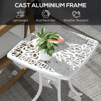 Outsunny Cast Aluminium Bistro Table, Outdoor Square Side Table with Umbrella Hole, Garden Table for Balcony, White(m-5)