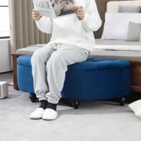 HOMCOM Pouf de Rangement Coffre 2 en 1 - Pouf capitonné Demi-Cercle - Pieds Bois hévéa Noir revêtement Velours Bleu(m-7)