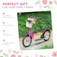 HOMCOM Kids Scooter, Kick Stunt Scooter with Adjustable Handlebar, Dual Brakes, Basket, Cupholder, Mudguard, 16" Inflatable Rubber Wheels, for 5-12 years, Pink(m-5)