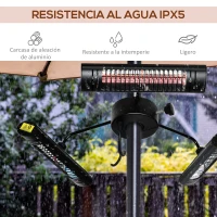 Outsunny Calefactor Eléctrico Exterior por Infrarrojos con Control Remoto y 1000W/2000W/3000W Sombrilla Ø87x22cm Negro(m-6)