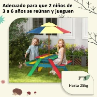 Outsunny Mesa de Picnic Infantil de Madera Mesa y 2 Bancos Infantiles con Sombrilla Extraíble 85,5x75x142,5 cm Multicolor(m-5)