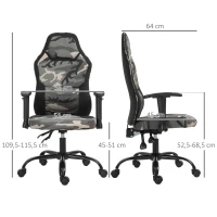 HOMCOM Fauteuil gaming militaire - chaise gamer - inclinable, hauteur réglable assise & accoudoirs, pivotant - polyester noir vert(m-3)