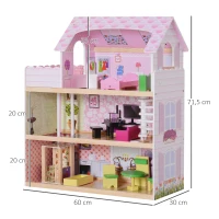 HOMCOM Casa de Muñecas con 13pcs 60x30x71,5 cm Muebles Mobiliario Casita Muñeca Juguete Madera 3 Pisos Casa de Juguete Bella de Madera Rosa(m-3)