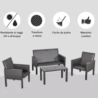 Outsunny Salotto da Giardino con Divano da Esterno e Tavolino, Mobili da Giardino in Rattan Sintetico, Set 4 Pz, Grigio(m-5)