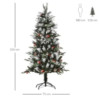 HOMCOM 5FT Artificial Snow Dipped Christmas Tree Xmas Pencil Tree Holiday Home Party Decoration with Foldable Feet Red Berries White Pinecones, Green(m-3)