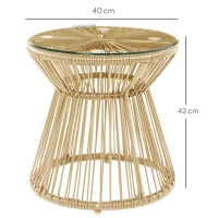 Outsunny Round End Table, Rattan Side Table, Hollow Drum Design Coffee Table w/ Glass Tabletop for Patio, Garden, Balcony Natural(m-3)