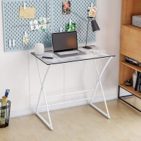 HOMCOM Bureau Informatique Design Contemporain Plateau Verre trempé décor New-York châssis métal Blanc(m-2)