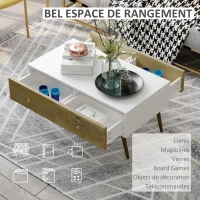 HOMCOM Table Basse rectangulaire 4 tiroirs coulissants façades Aspect chêne doré Pieds effilés Bois de hêtre Panneaux Particules Blanc(m-5)