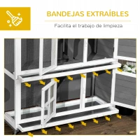PawHut Conejera de Madera de 2 Niveles con Ruedas 2 Puertas Techo Abatible y Bandejas Extraíbles 119x50,5x109 cm Blanco y Gris(m-6)