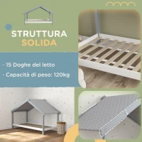 HOMCOM Letto a Casetta in Legno di Pino a 15 Doghe con Tetto Stellato in Tessuto, 213x100x140 cm, Grigio(m-6)