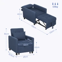 HOMCOM Fauteuil convertible 1 place avec dossier inclinable à 3 positions, coussin, siège rembourré et accoudoirs, bleu(m-3)