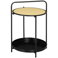 End Table,2-Tier Round Side Table with Detachable Tray & Plastic Rattan Shelf, Metal Frame Nightstand Bedside Table for Living Room, Bedroom, Black(m-1)