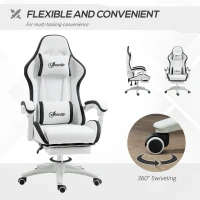 Vinsetto Computer Gaming Chair, PU Leather Office Desk Chair with Footrest, Swivel Wheels, 135° Reclining Back, Lumbar Support, Headrest for Home, White and Black(m-6)