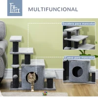 PawHut Escalera para Gatos de 4 Peldaños Escalón para Mascotas Ajustable con Cueva y Bola Colgante 60x40x66 cm Gris(m-5)