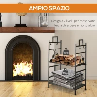 Outsunny Portalegna in Ferro Battuto con Attrezzi per Camino, Manici e Base Rialzata, 51.5x33x77cm, Nero(m-7)