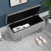 HOMCOM Banc de rangement coffre de rangement design contemporain- banc avec espace de stockage - dim. 100L x 40l x 42H cm - velours gris clair piètement métal doré(m-9)