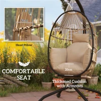Outsunny Hanging Egg Chair Outdoor Indoor Garden Swing Chair with Folding Basket and Thickened Cushion, Garden Hanging Chair with Stand, Headrest, Cup Holder for Patio, Balcony, Khaki(m-4)