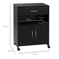 Vinsetto Armario para Impresora con Ruedas Cajón 2 Puertas y Estante para Salón Oficina Estudio 60x39x80 cm Negro(m-3)