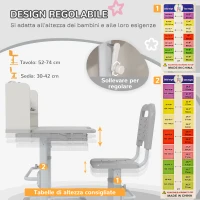 ZONEKIZ Set Scrivania per Bambini con Sedia Regolabile in Altezza e Piano Inclinabile, Età 6-12 Anni, Grigio(m-6)