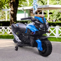 HOMCOM Moto électrique Enfant 6 V 3 Km/h Effet Lumineux et sonore roulettes Amovibles Repose-Pied valises latérales métal PP Bleu Noir(m-2)