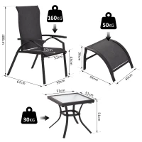 Outsunny Ensemble salon de jardin 5 pièces : 2 chaises longues inclinables, 2 repose-pied amovibles + table basse métal époxy textilène noir(m-3)