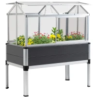 Outsunny Huerto Urbano Elevado 113,5x61x128,5 cm con Cubierta de Policarbonato con Techos Abatibles y Ventanas Correderas Marco de Aluminio y PVC para Plantas Flores Gris(m-1)
