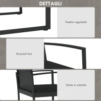 Outsunny Set da Giardino con 2 Sedie, Divanetto e 2 Tavolini con Cuscini e Piano in Vetro, Nero(m-6)