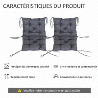 Outsunny Lot de 2 coussins de chaise d'extérieur, galette de chaise avec attaches, coussins de jardin pour terrasse ou balcon, 98 x 50 x 8 cm, gris(m-6)
