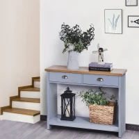HOMCOM 2 Drawers Console Table w/Bottom Shelf Rustic Retro Style Hallway Living Room Home Furniture Wood Effect Worktop Grey(m-2)