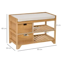 HOMCOM Wooden 2 Tier Shoe Storage Bench Rack Shelves Cushioned Seat  Entryway Hallway Organiser with 2 Drawers - Natural Wood Colour(m-3)