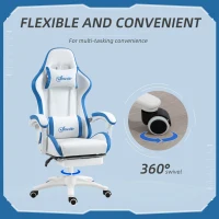 Vinsetto Computer Gaming Chair, PU Leather Office Desk Chair with Footrest, Swivel Wheels, 135° Reclining Back, Lumbar Support, Headrest for Home, White and Blue(m-6)