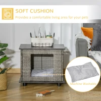 PawHut Wicker Dog House, Rattan Pet Bed, Cat House, End Table Furniture, with Soft Cushion, Adjustable Feet, for X-Small Dogs Grey, 60 x 44 x 51.5 cm(m-6)