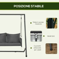 Outsunny Dondolo da Giardino 2 Posti con Cuscini e Tasche, in Acciaio e Textilene, 168x117x181 cm, Grigio Scuro(m-7)